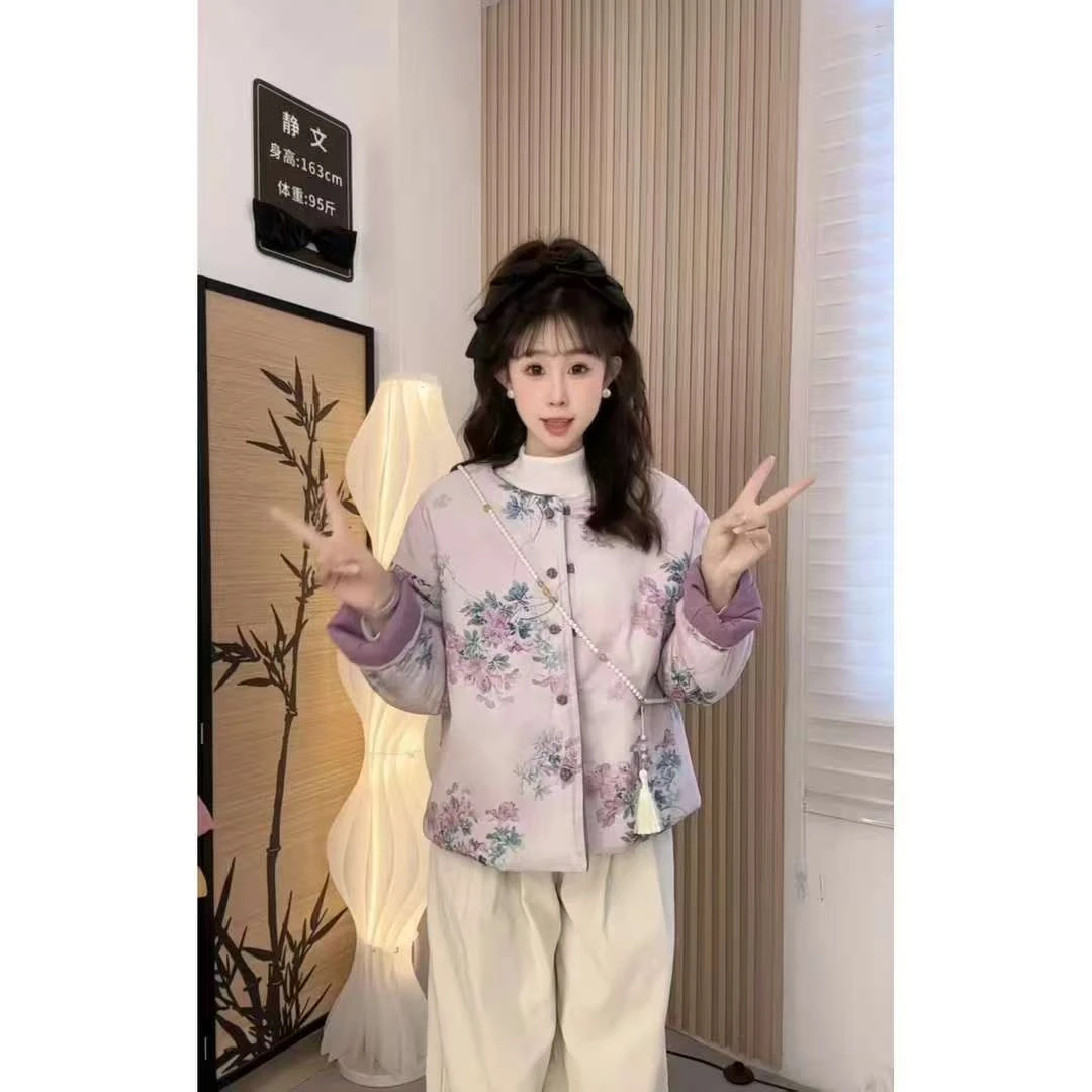 2025新中式双面穿印花盘扣立领冬季厚款棉服百搭