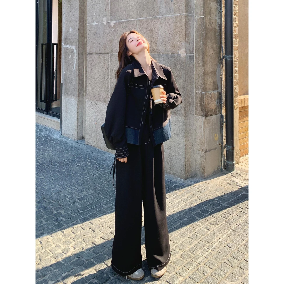 VOCKOO官方撞黑色高级感韩系牛仔套装2025新款女早秋姐系贵感气质