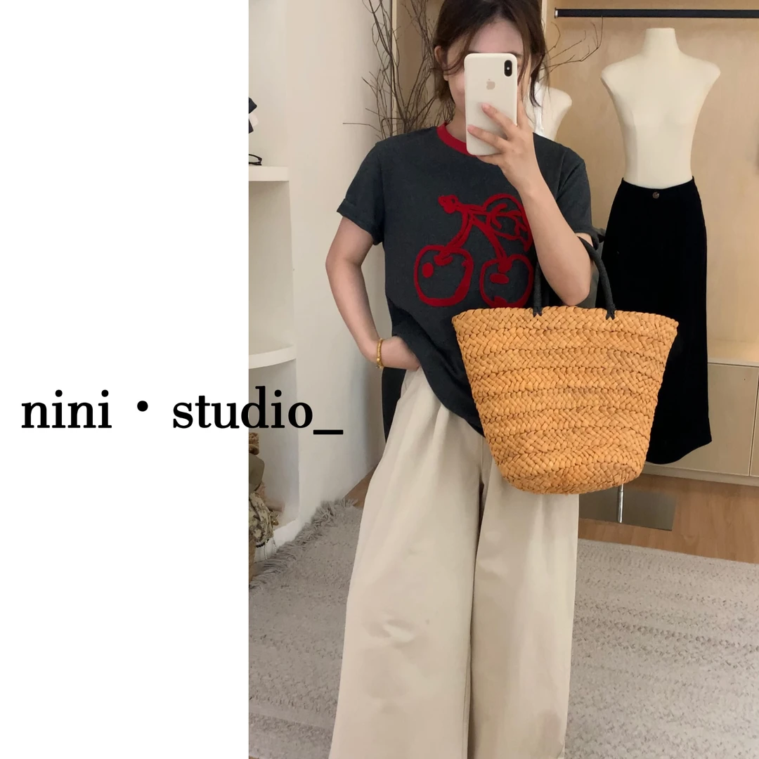 nini·牙刷绣樱桃重工拼领韩系ins风短袖T恤
