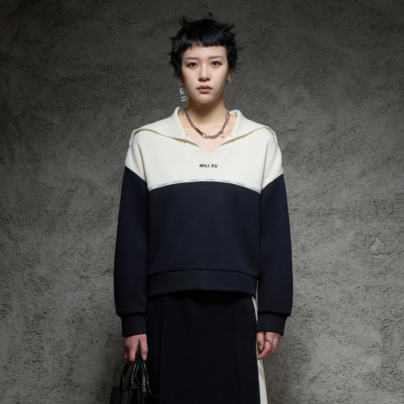 MILIXU联名款拼色海军领拼色卫衣女百搭学院风上衣
