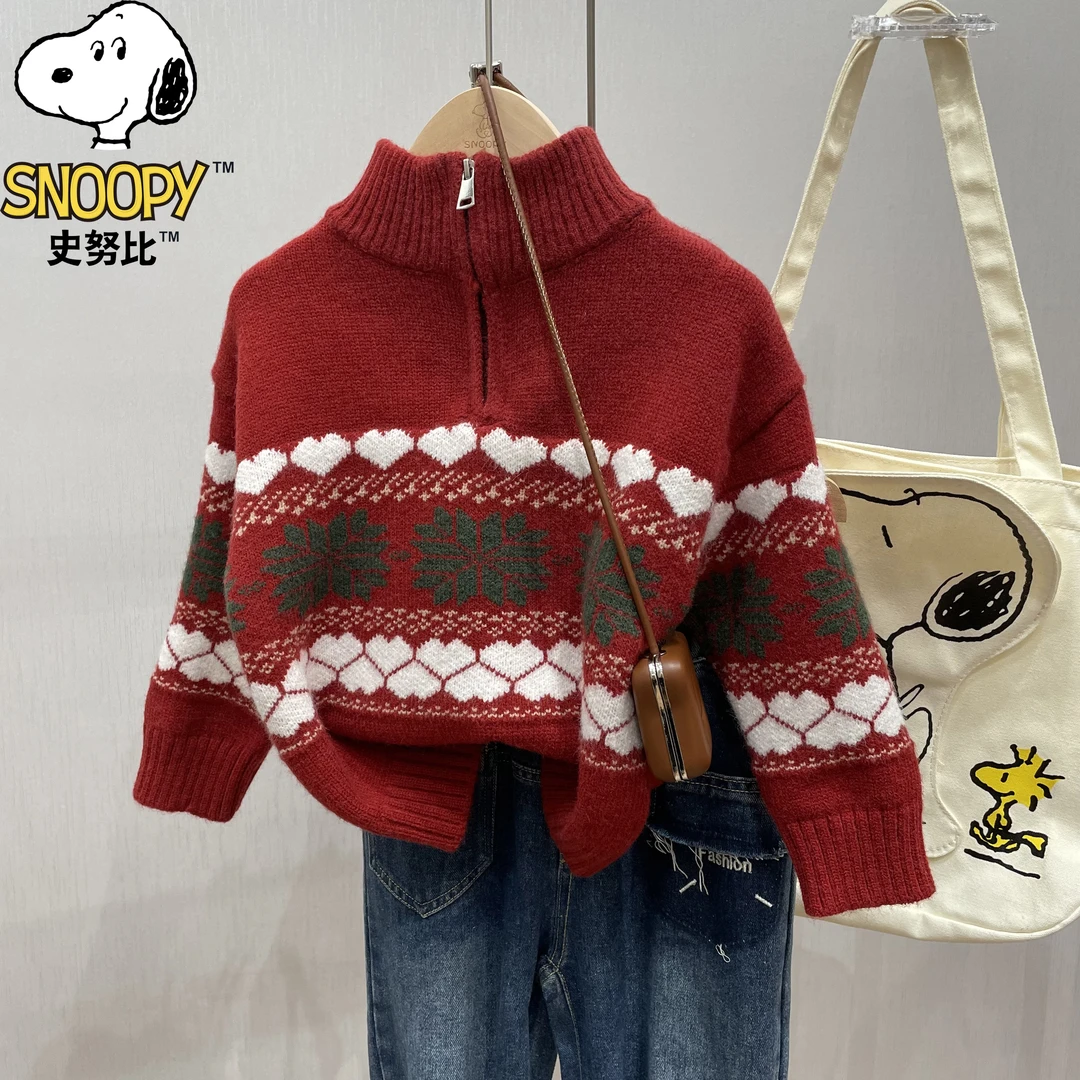 Snoopy/史努比儿童红色毛衣男童女童针织衫秋冬季男孩潮