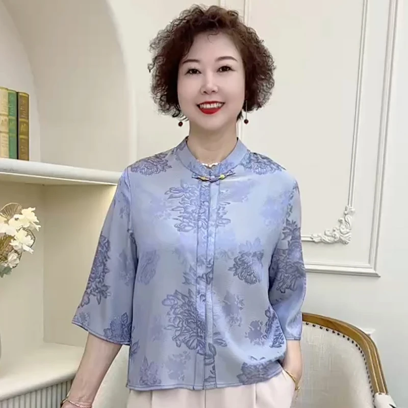 中老年女装妈妈夏装套装2025新款阔太太新款小衫雪纺T恤洋气上