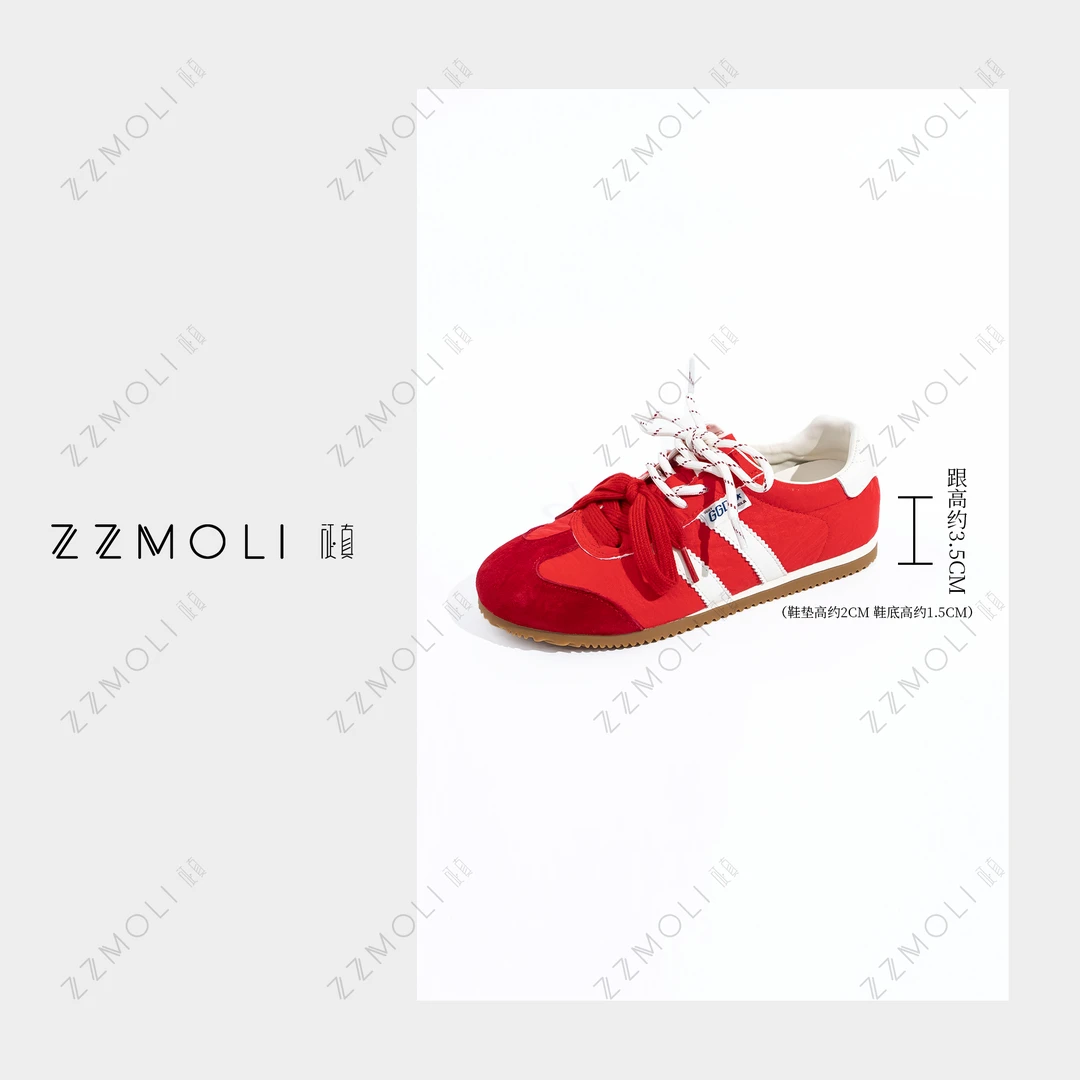 ZZMOLI复古休闲真皮德训鞋女士时尚百搭潮流平底红色鞋子ZBX57606