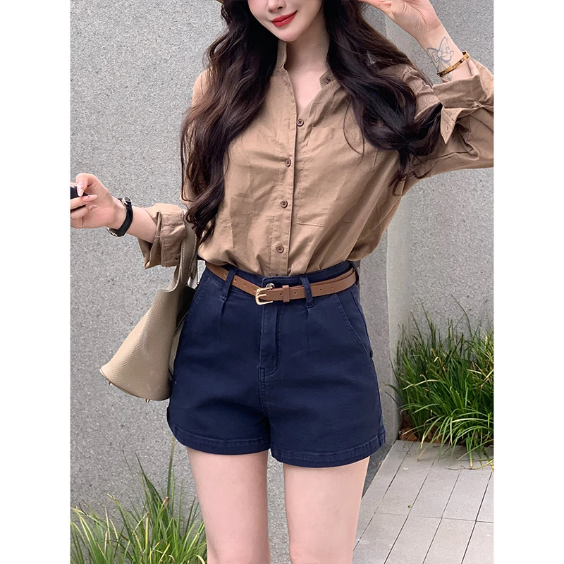老钱调休闲百搭牛仔短裤女2025秋季新款藏青高腰宽松显瘦阔腿热裤