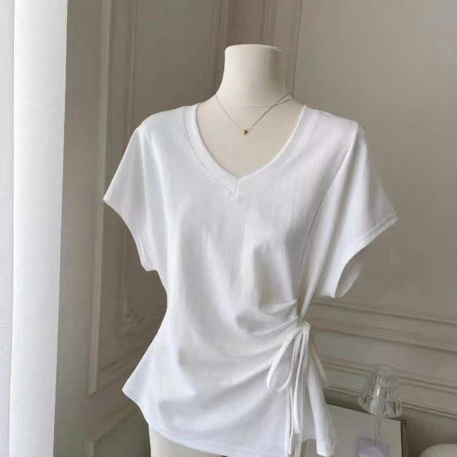 韩系chic收腰绑带蝴蝶结v领短袖t恤女夏季高级感显瘦气质百搭上衣