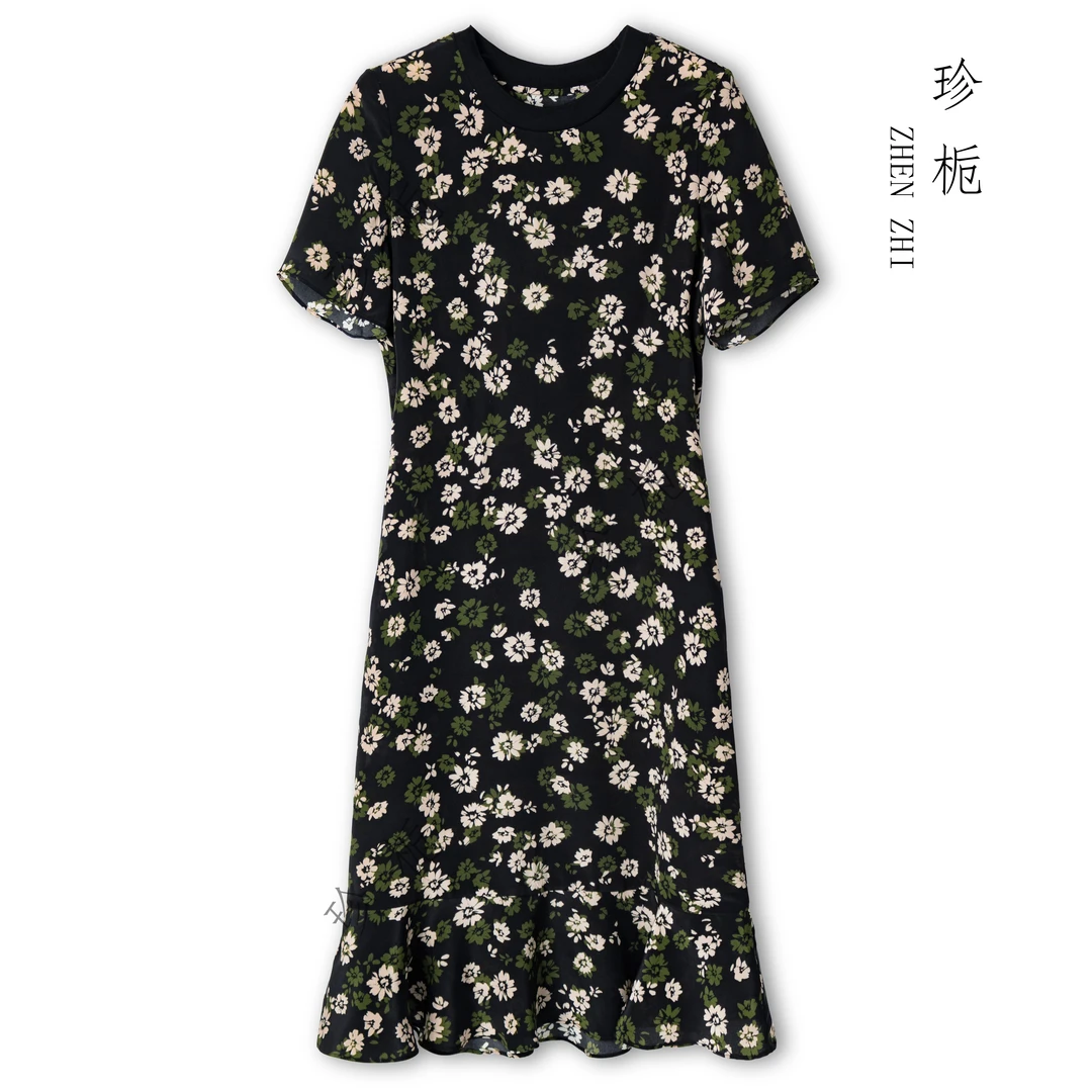 珍栀【黑底碎花】夏季04双绉100%桑蚕丝碎花休闲圆领连衣裙2025-061