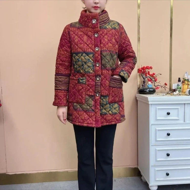 妈妈冬季新款加绒棉衣中老年加厚棉服外套中长款保暖立领大码棉袄