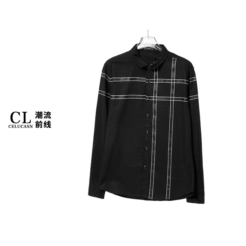 P7BI3161#男士秋季新款男款潮流条纹撞色印花休闲衬衫立领修身型