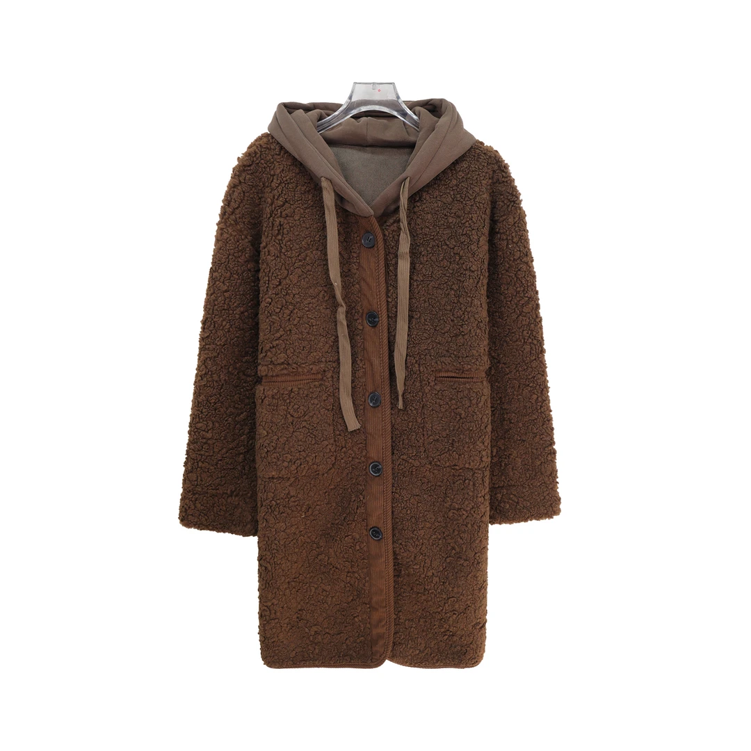 S慵懒风中长款羊羔毛冬设计感宽松连帽外套S5539