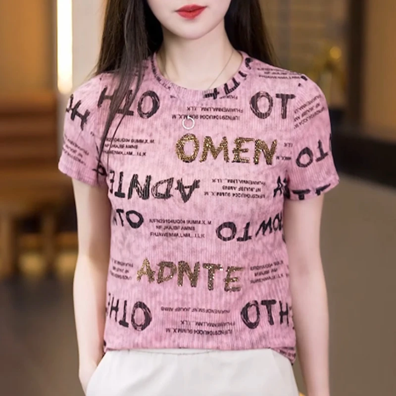 夏装新款时尚常规款圆领印花t恤百搭烫钻短袖气质女士上衣