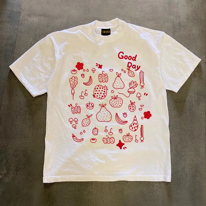 2025新款夏季圆领宽松草莓石榴印花短袖t恤男重磅纯棉潮流上衣tee