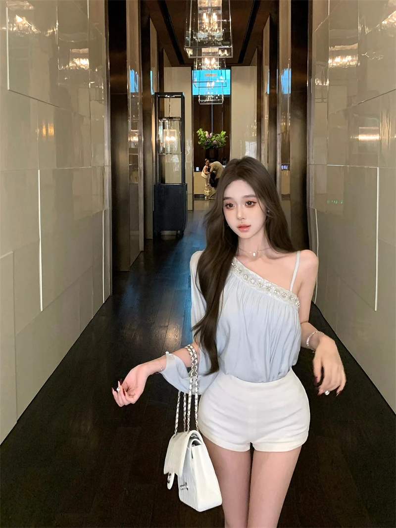 高级感千金风重工镶钻斜边长袖雪纺衬衫不规则缎面露肩修身上衣