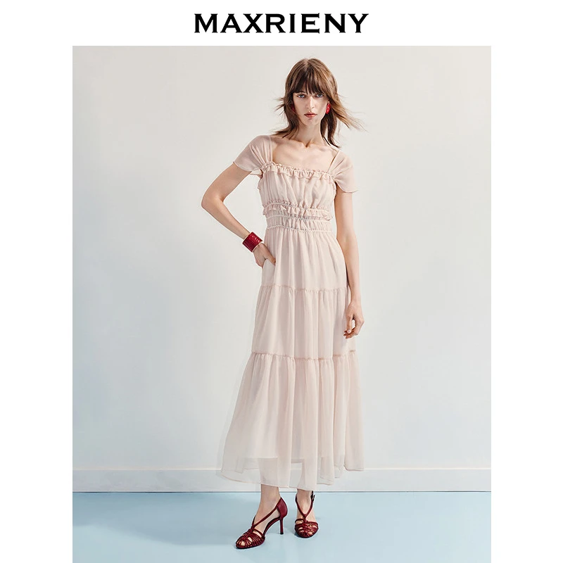 MAXRIENY2025年夏季新款粉色雪纺连衣裙显瘦高腰温柔长款褶皱方领