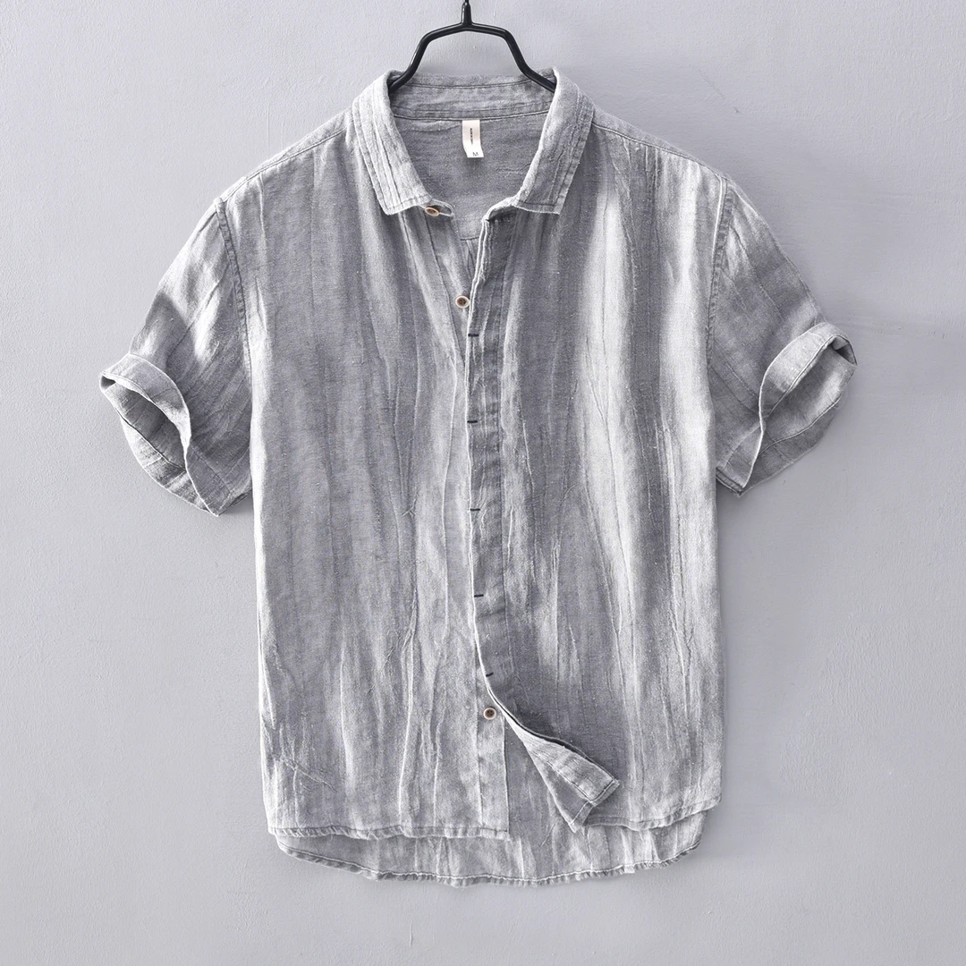 亚麻短袖衬衫男夏季2025新款翻领宽松凉感透气压褶纯麻料休闲衬衣