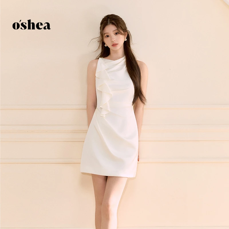 oshea【官方专享】栀子白千金风连衣裙女2025夏荷叶边无袖背心短裙