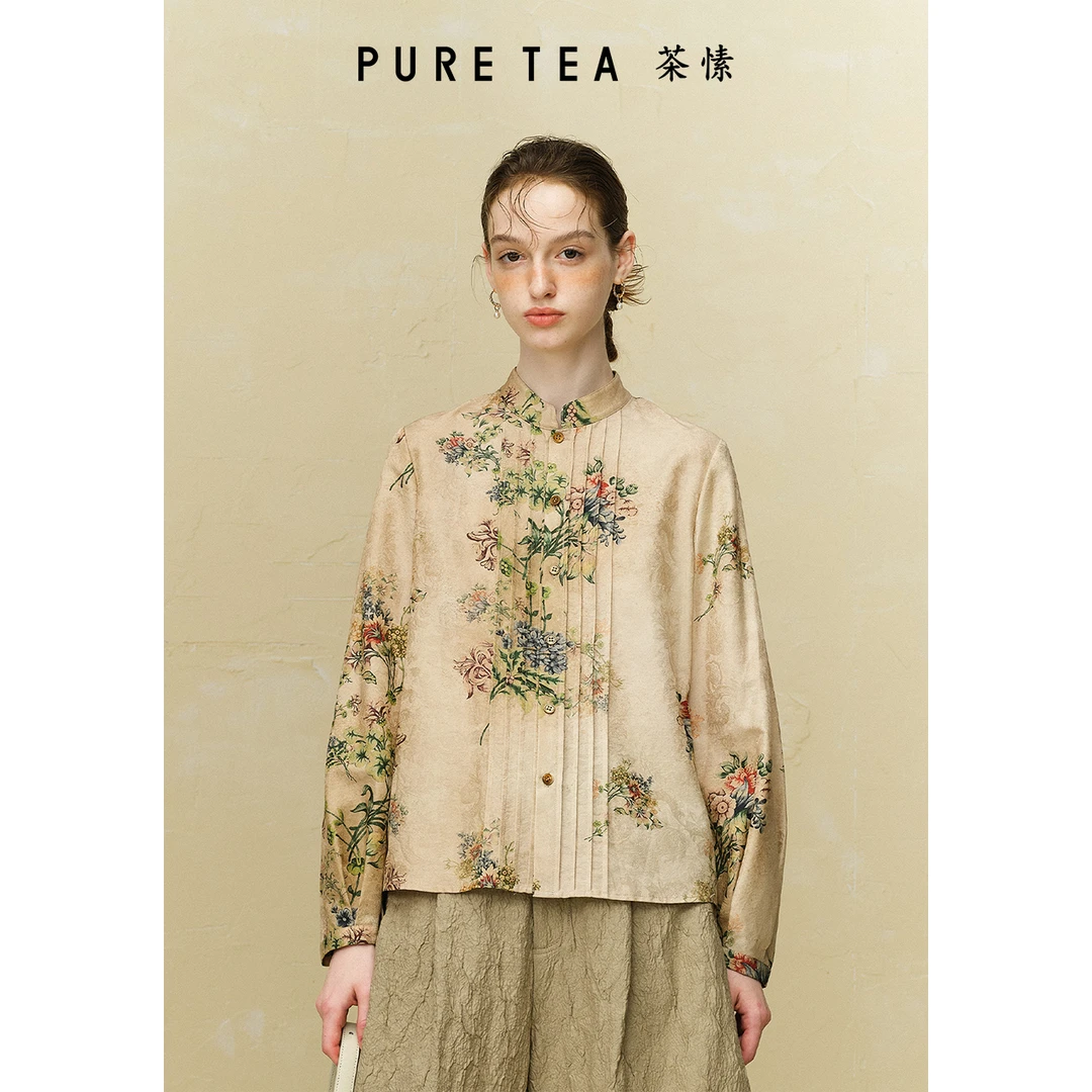 【油彩信件】茶愫丝棉立领衬衫女风琴褶印花衫早秋新TB1801C31