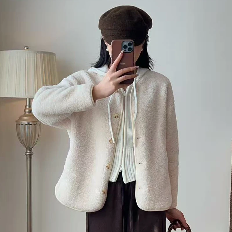 加厚羊毛蚕丝防羊羔绒摇粒绒休闲长袖单排扣宽松外套AS050