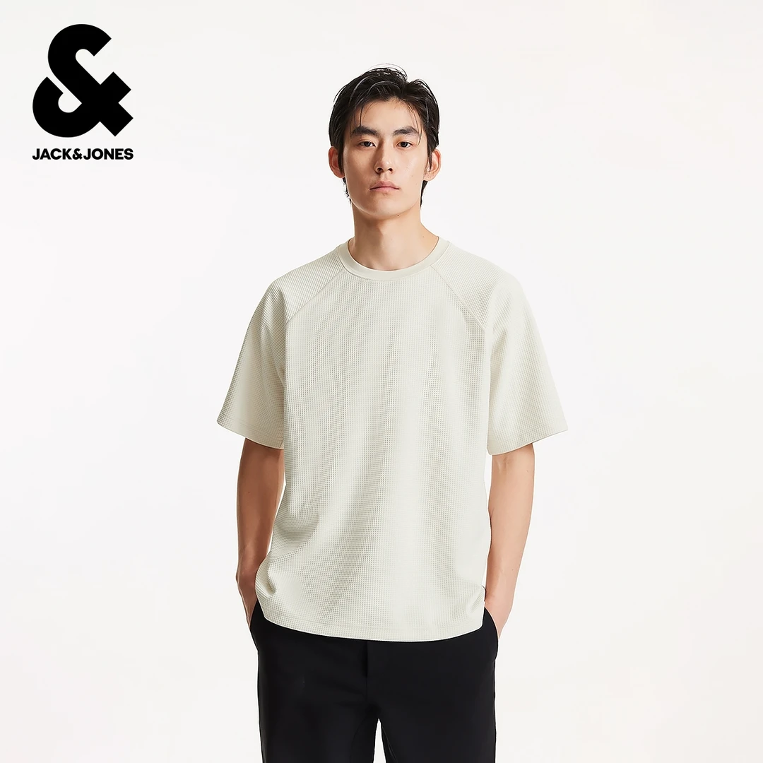 杰克琼斯男装秋季新款格子提花日常简约圆领插肩袖宽松短袖T恤