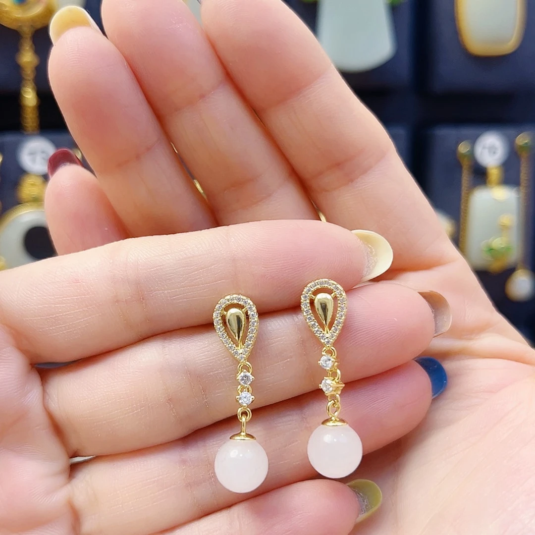 和田玉银S925镀金镶嵌耳饰