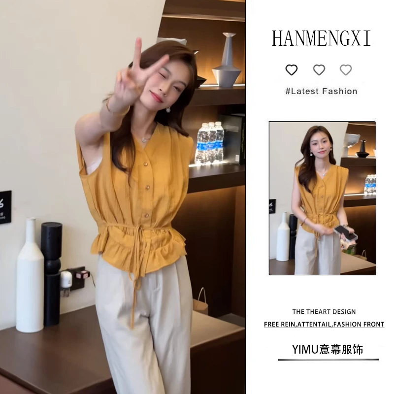 夏季时尚一整套女装2025新款爆款V领百搭无袖衬衫休闲裤两件套