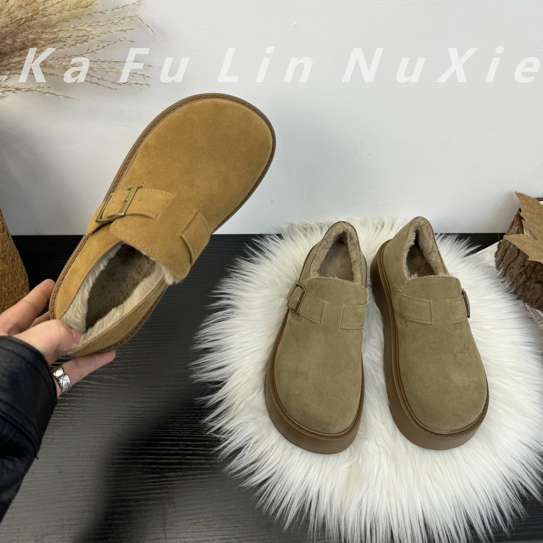 【卡芙琳shoes】厚底加绒勃肯鞋女保暖雪地靴冬季乐福鞋低帮棉鞋女