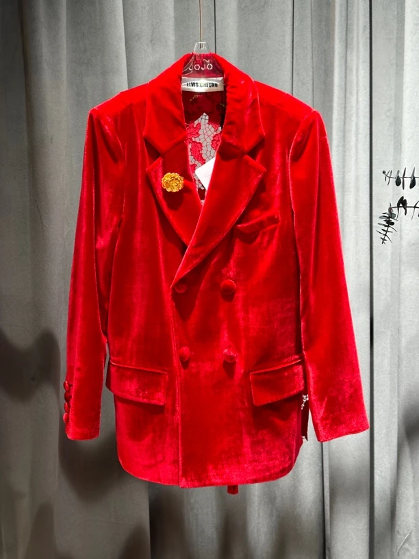 ELVIS.CHEUNG 25春款新年红丝绒蕾丝西装
