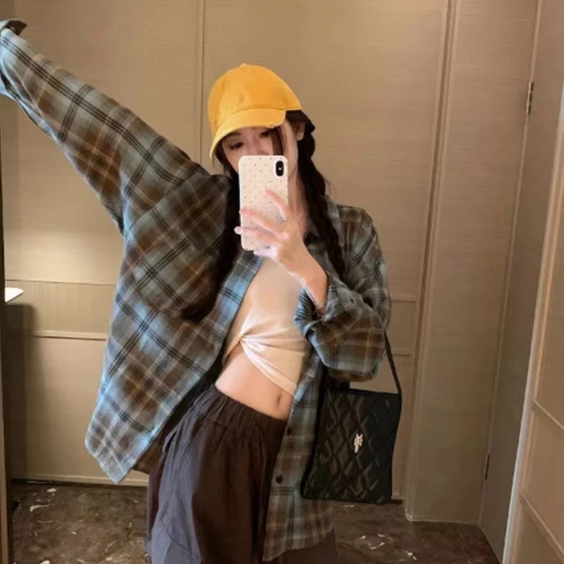 2025百搭格子衬衫女秋季复古宽松显瘦外套女装气质穿搭A15