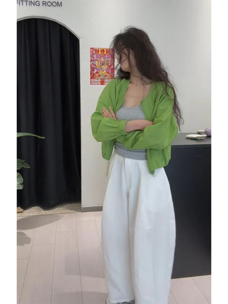 独特漂亮初夏小香风休闲绿色薄款防晒外套白色阔腿裤套装女小个子