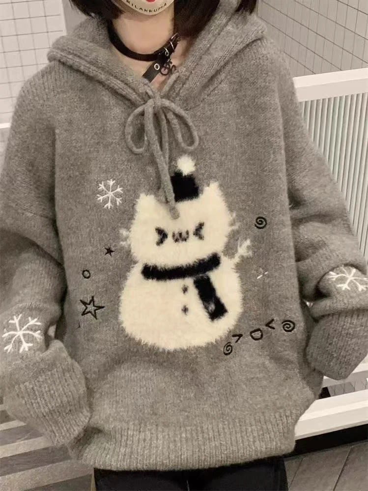 氛围感可爱宽松毛绒雪人连帽毛衣女冬季软糯宽松慵懒风针织衫上衣