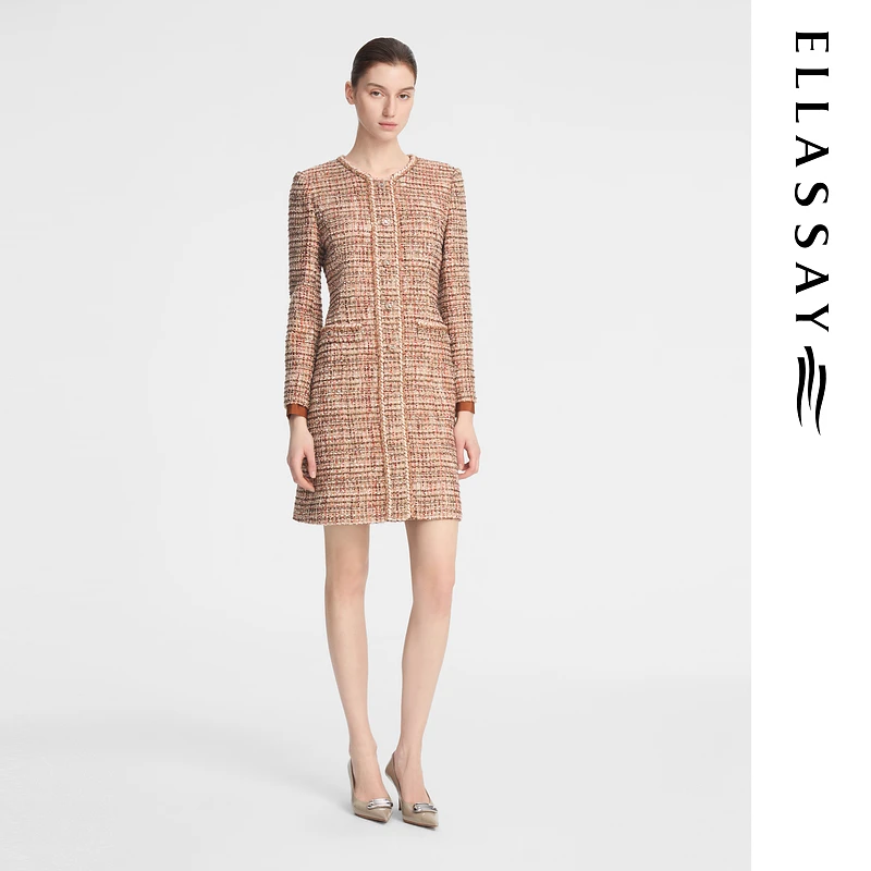 ELLASSAY歌力思秋季新款小香风袖口缎面拼接连衣裙女EWF353Y03400