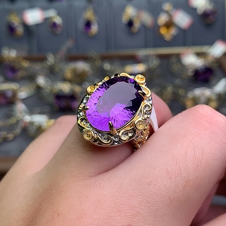 银S925镀金镶嵌戒指水晶