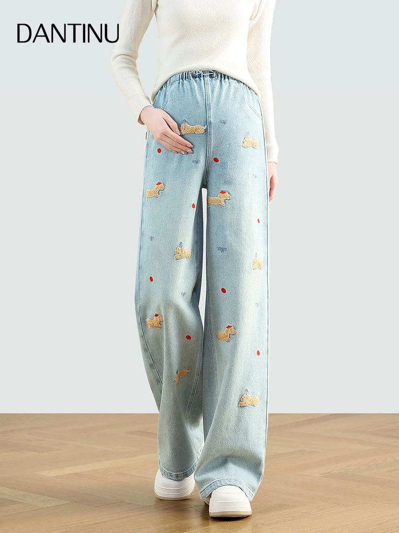2025孕妇时尚卡通腊肠狗立体刺绣春秋休闲高腰宽松阔腿牛仔裤