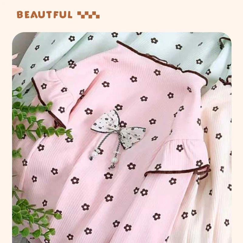 女童纯色印花春秋圆领内搭薄款T恤蝴蝶结花瓣