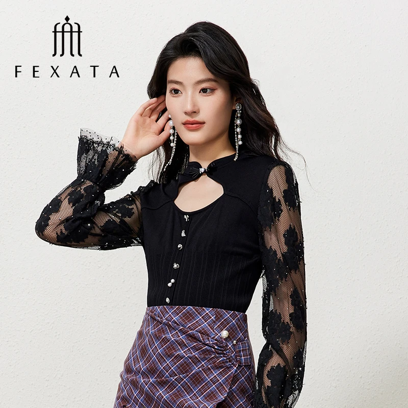 【媛媛女王严选】FEXATA斐格思新中式蕾丝袖拼接毛针织衫