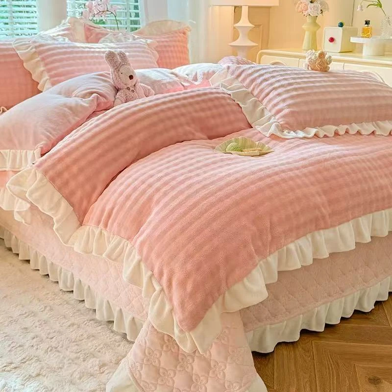 奶油风冬季泡泡绒床盖款四件套花边双面加厚保暖加厚床单公主风