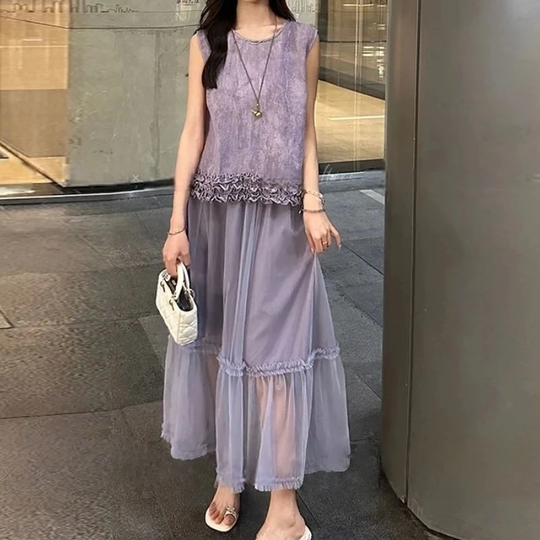 时尚连衣裙套装女夏季新款洋气花边拼接无袖上衣网纱半身裙