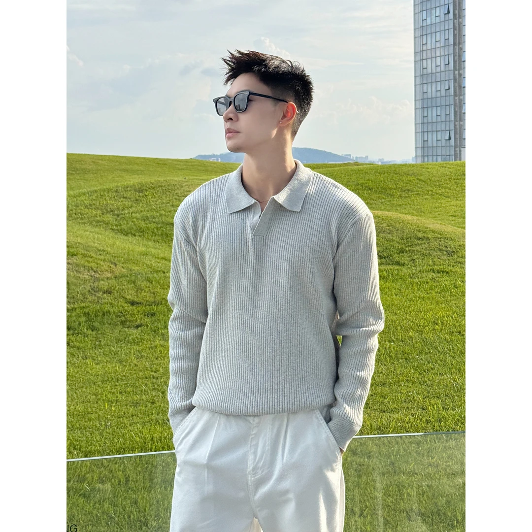 「轻奢老钱风」秋冬雅致坑条织法肌理感海鸥领长袖毛衣针织POLO衫