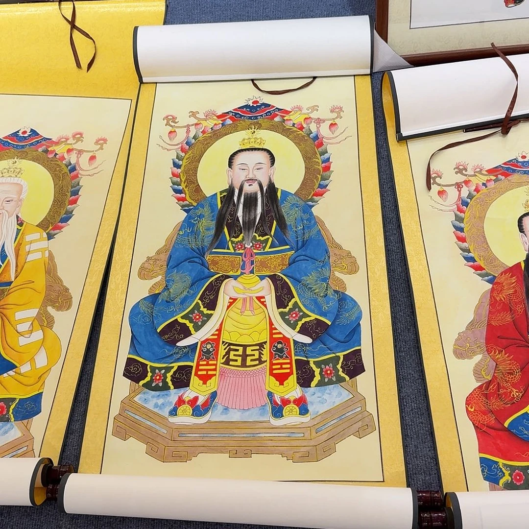道***然国画三清祖师带框一套