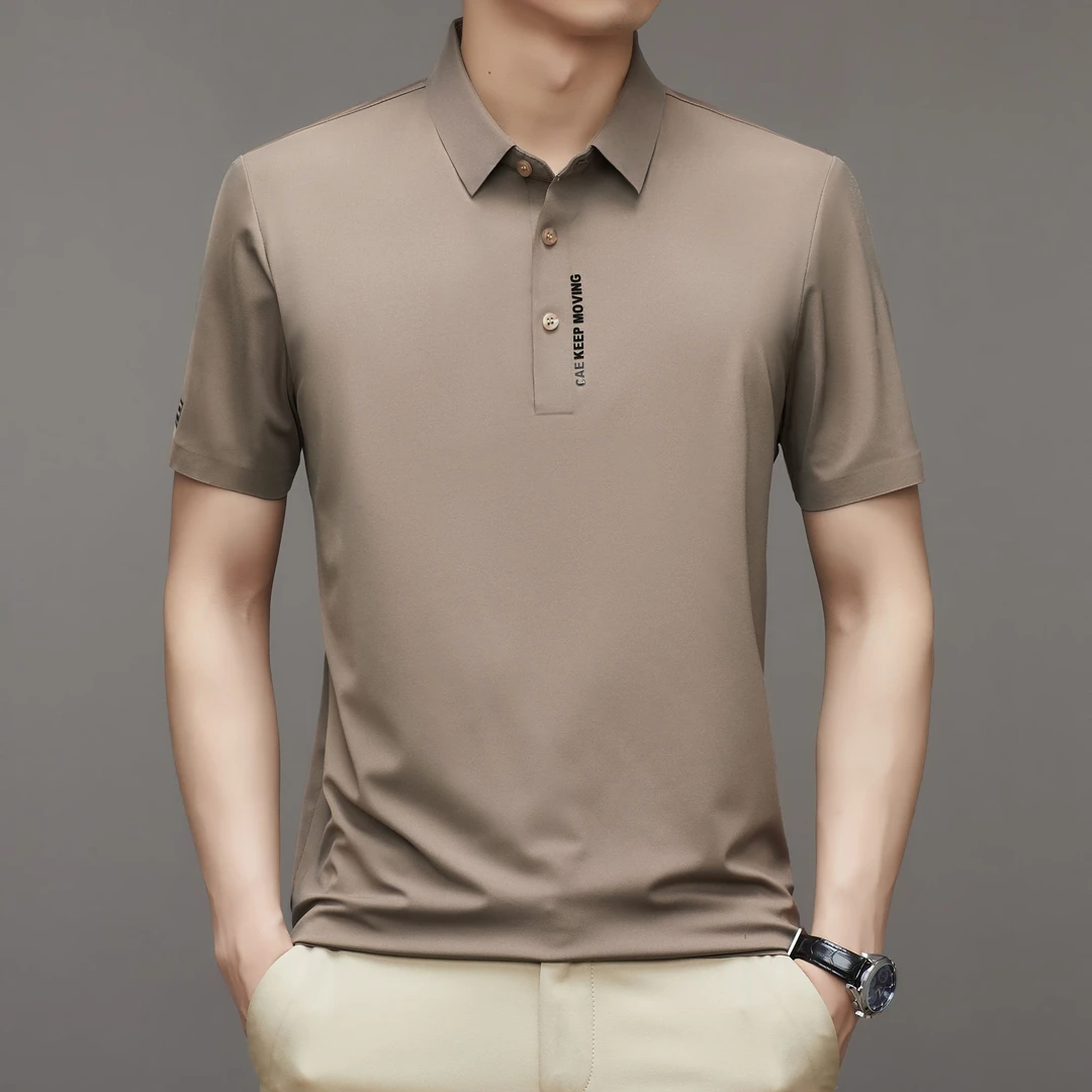 啄木鸟高档冰丝短袖男士无痕T恤中年纯色POLO衫休闲国风上衣免烫