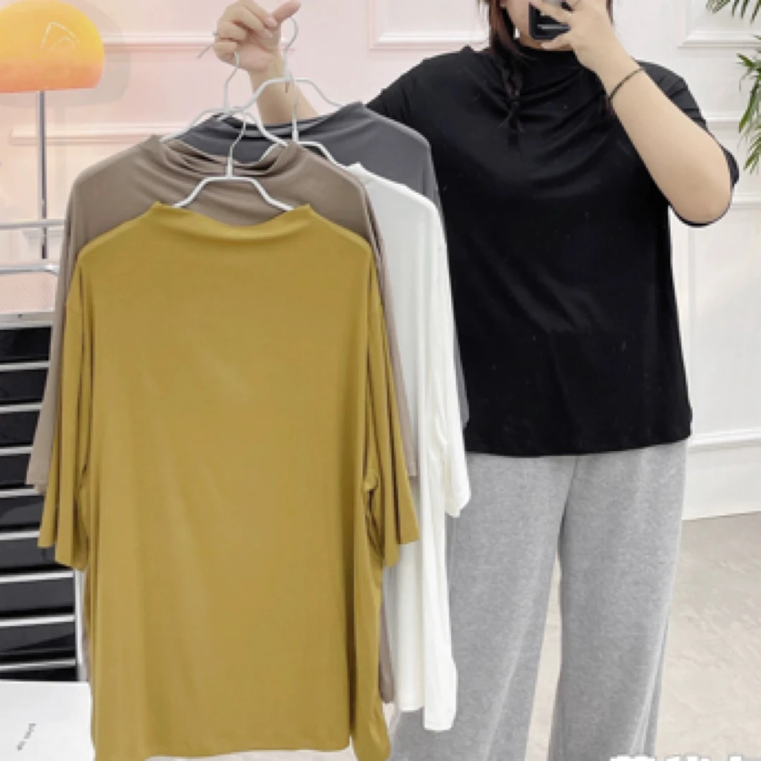 【季末浮利场】半高领七分袖T恤女打底衣修身白色春装新款中袖上衣