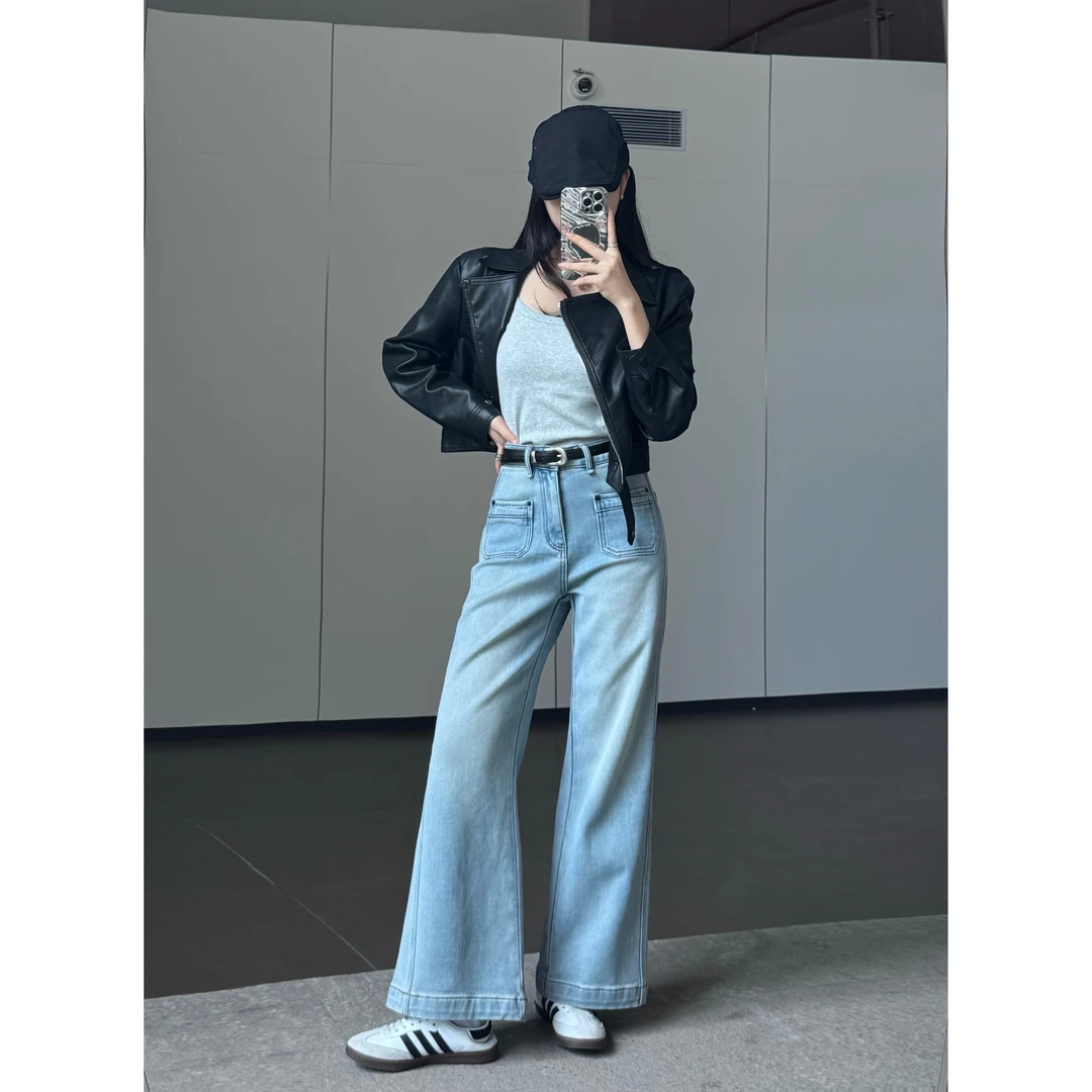 KIKI严选：33268-YER家南油欧货秋冬新款时尚前口袋阔腿牛仔裤