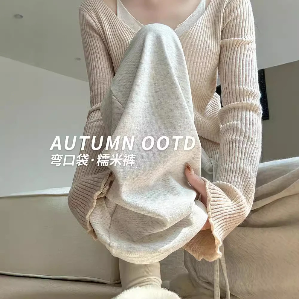 弯口袋糯米裤女春秋新款高腰垂感软糯休闲裤小个子慵懒阔腿裤