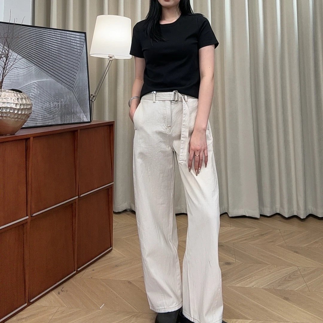 【黑标进口系列】P-8253扭缝系带白牛弯刀裤女春宽松高腰阔腿牛仔裤