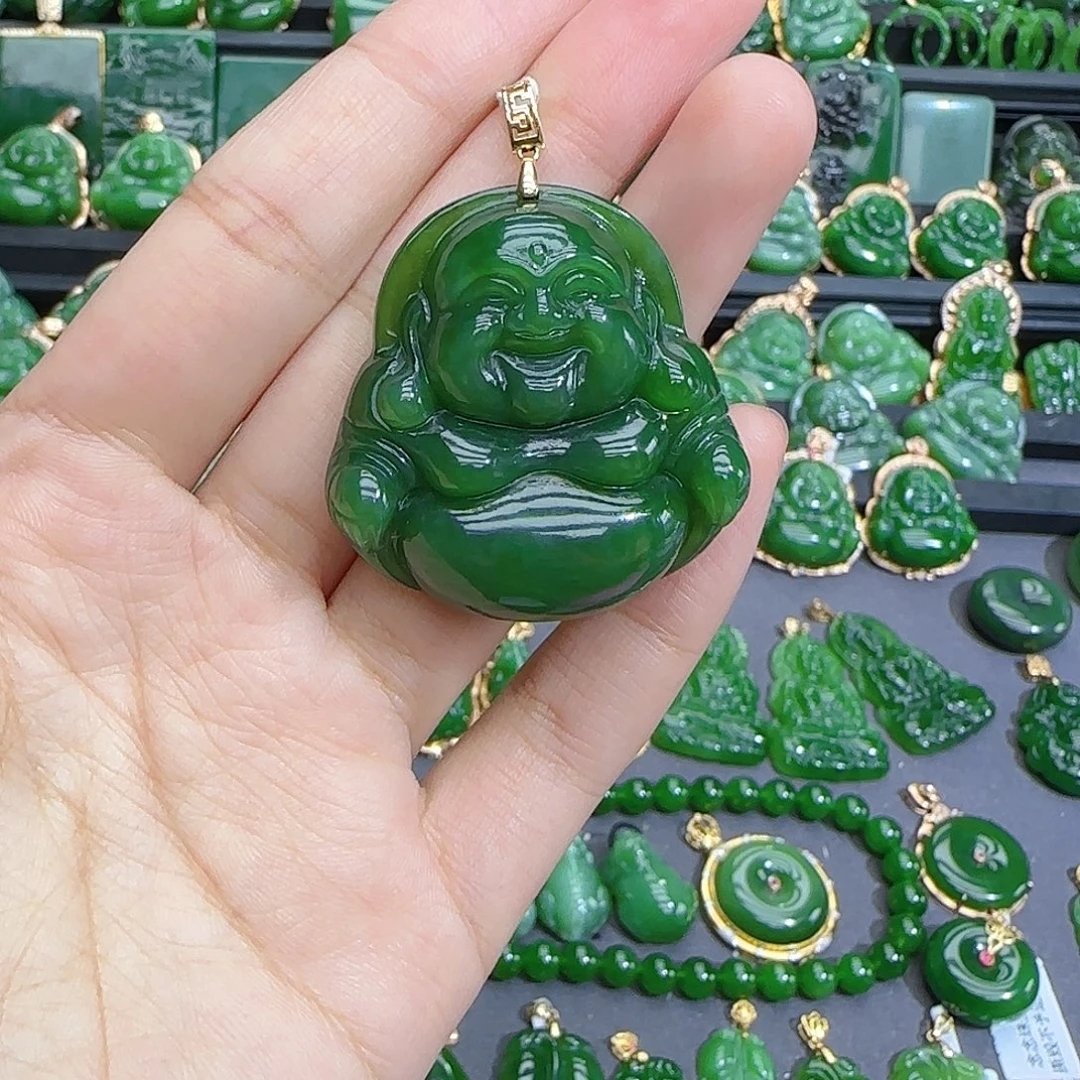 和田玉（碧玉）18K金镶嵌颈饰特价辣绿40，介意勿拍！