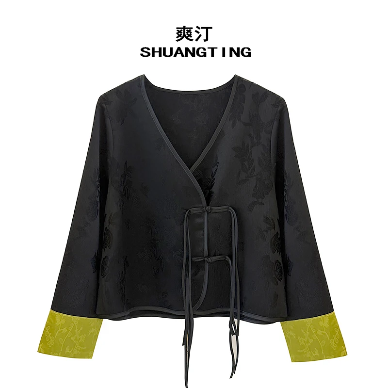 Jokara/丘可儿【拜新月】新中式撞色盘扣外套国风气质V领短款上衣春