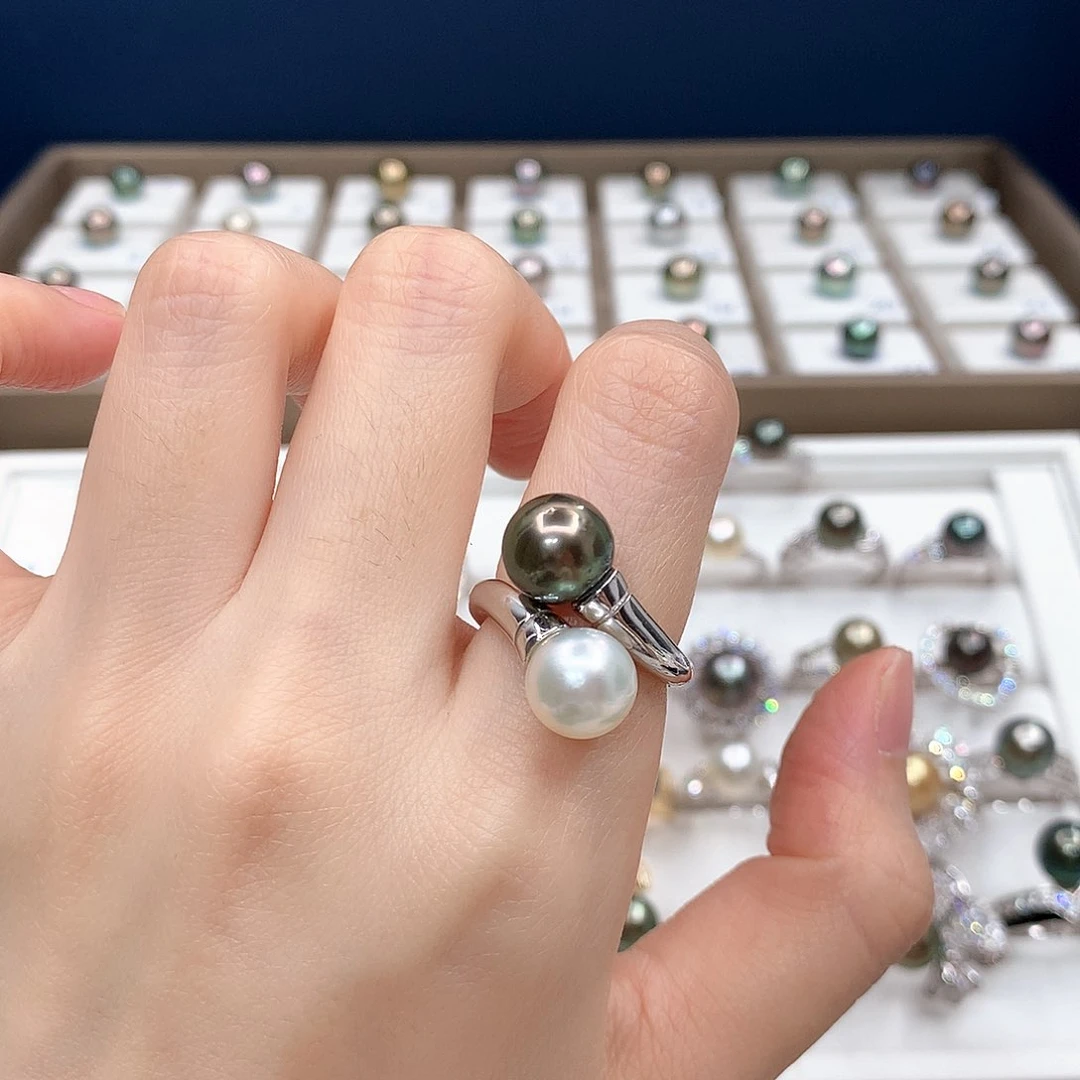 银S925镶嵌戒圈海水珍珠大溪地澳白双珠戒指