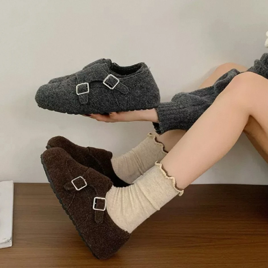 复古加绒保暖勃肯鞋女冬季新款平底加绒勃肯豆豆鞋566-1