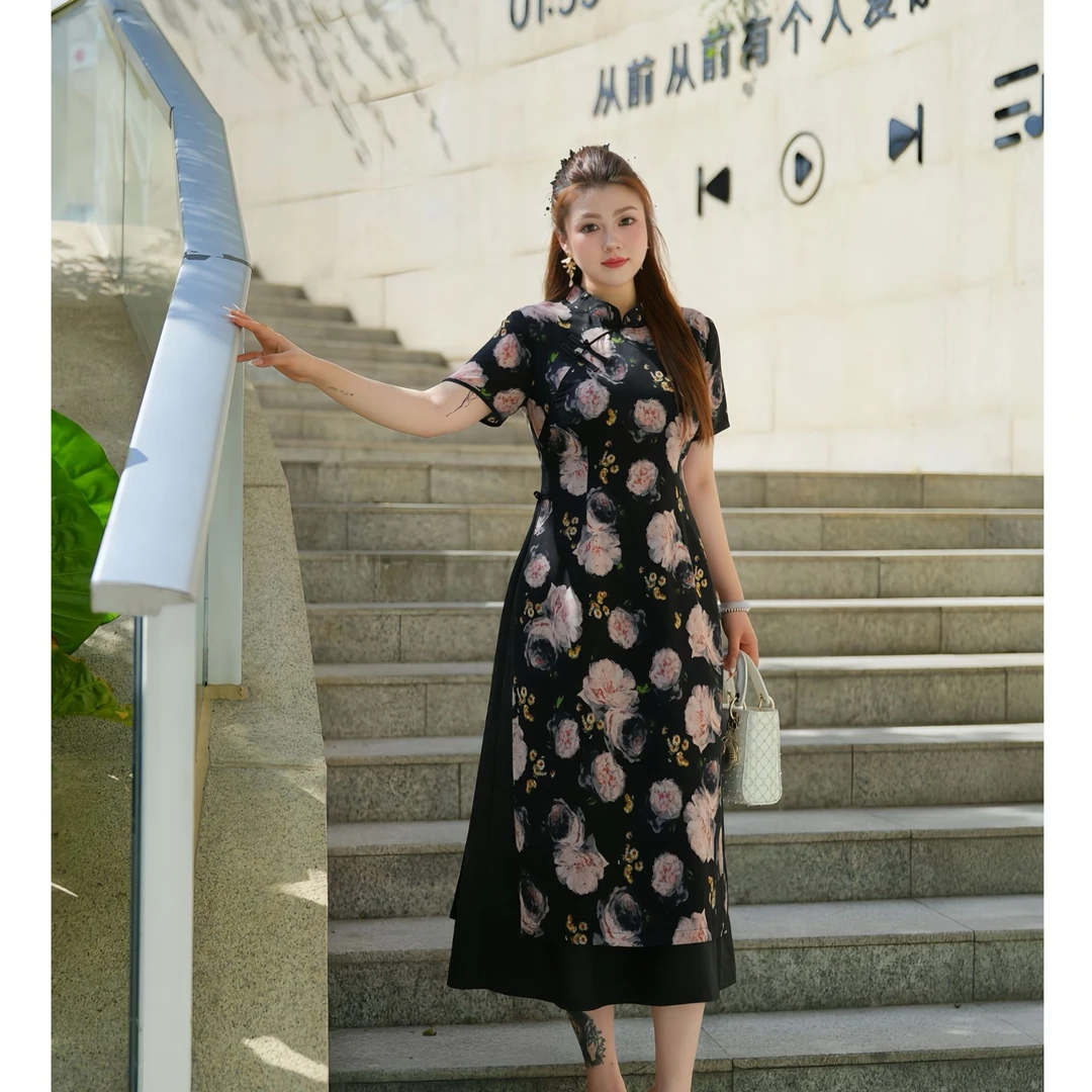 XYD71543改良旗袍显瘦遮胯薄款洋气修身减龄大码女装旗袍连衣裙