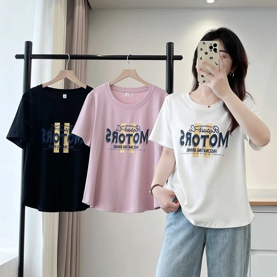 HUIZHIMEI/绘智美大码女装夏季新款洋气圆领显瘦时尚印花短袖t恤