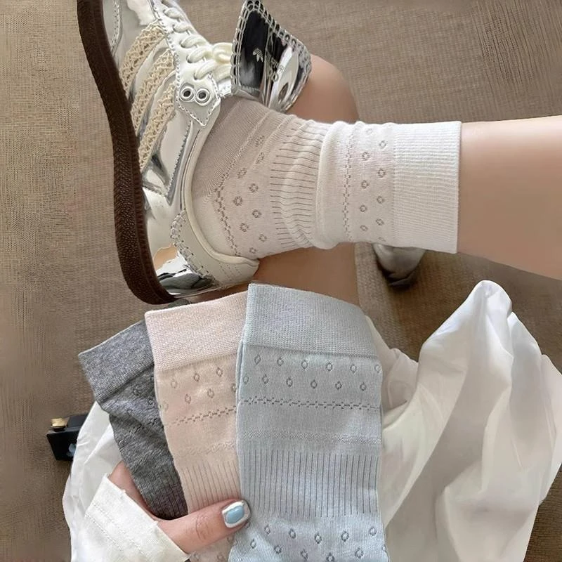 白色袜子女夏季薄款中筒袜网眼透气纯棉堆堆袜春夏月子袜无骨2025